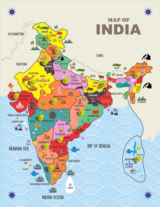 Wooden India Map with Knob Educational Board for Kids